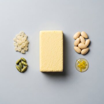 Minimalist flat lay of semolina cake block, mastic resin tears, whole almonds, cardamom pods, and lemon zest syrup.