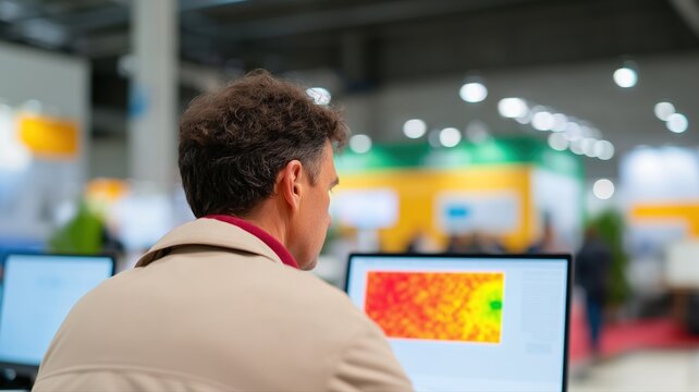 Geodatenanalyst analysiert Satellitenkarten zur Umweltbewertung in einer modernen Laborumgebung