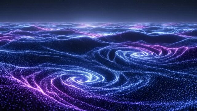 Vibrant Neon Waves Swirling in Dark Oceanic Landscape - Cinematic Digital Art with Glowing Purple and Blue Hues