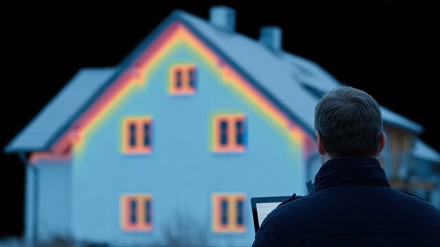 Energieberatung im Haus, W&auml;rmebildkamera deckt K&auml;ltebr&uuml;cke am Fenster auf, Hausbesitzer analysiert Tablet-Bericht