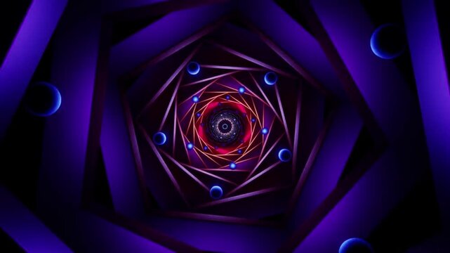 Abstract Motion Background: Geometric Tunnel Zoom with Floating Blue Orbs