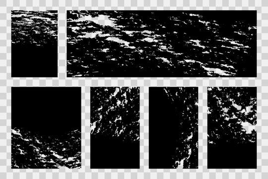 Grunge rolled ink texture set. Distressed linocut relief backgrounds. Vector illustration isolated on transparent