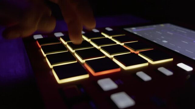 Musician hands finger drumming on illuminated MIDI pads in neon studio. Concept of electronic music production, hip hop beatmaking, and modern audio technology.