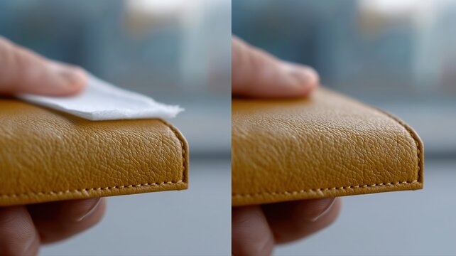 Lederrestaurierungsprozess mit Flickenapplikation und Tablet-Anzeige der Ergebnisse in einer professionellen Werkstatt