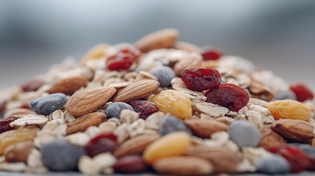 Makroaufnahme von gemischtem Granola mit N&uuml;ssen und Trockenfr&uuml;chten f&uuml;r einen gesunden Lebensstil und eine ausgewogene Ern&auml;hrung
