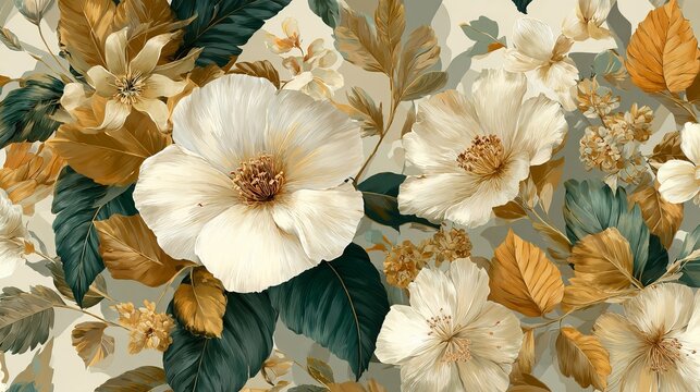 Old, fancy floral patterns with tropical gold leaves create a smooth, rich background. It's a lovely design for walls, paper, and wedding items.