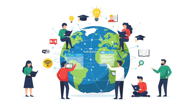 Global Education and Digital Learning Concept with Diverse People Interacting with Earth
