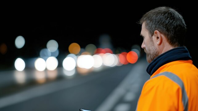 N&auml;chtliche Stra&szlig;enreparaturarbeiten, bei denen die Arbeiter den Arbeitsauftrag unter hellen Arbeitsscheinwerfern scannen