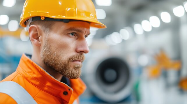 Professioneller Flugzeugmechaniker im orangefarbenen Overall f&uuml;hrt Wartungsarbeiten an Strahltriebwerken in einer industriellen Fabrikumgebung durch.