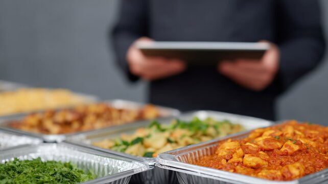 Professionelles Catering im deutschen B&uuml;ro, bei dem die Mitarbeiter die N&auml;hrwertangaben auf einem Tablet verwalten.