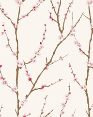 Fototapeta premium Elegant cherry blossom pattern with pink flowers on brown branches, minimalist japanese sakura floral illustration on cream background, aesthetic botanical design for wallpaper and textile print