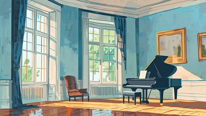 大きな窓とグランドピアノのある音楽室 自然光が入るクラシックインテリア