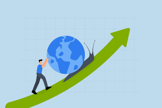 Global economic slowdown, businessman is using slow snail to represent the gradual growth of GDP in the world economy