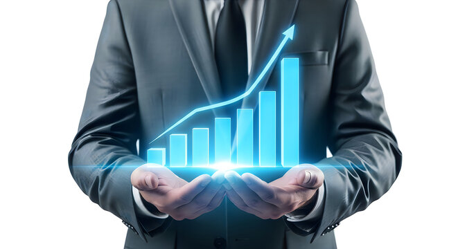 A business professional holds a glowing digital bar chart showing steady growth and success metrics