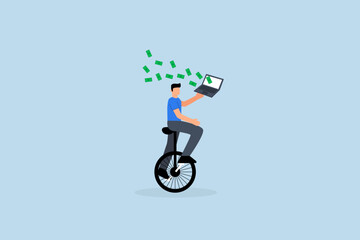 Make money online, businessman uses his expertise to ride unicycle and make money using his computer laptop © dwara
