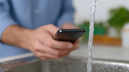 Professioneller Klempner behebt verstopften Abfluss in deutscher Küche mit einer Abflussspirale und digitalem Auftragsdisplay.