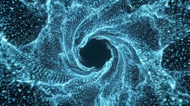 A spiraling vortex of luminous, blue particles against a dark background, creating a cosmic effect