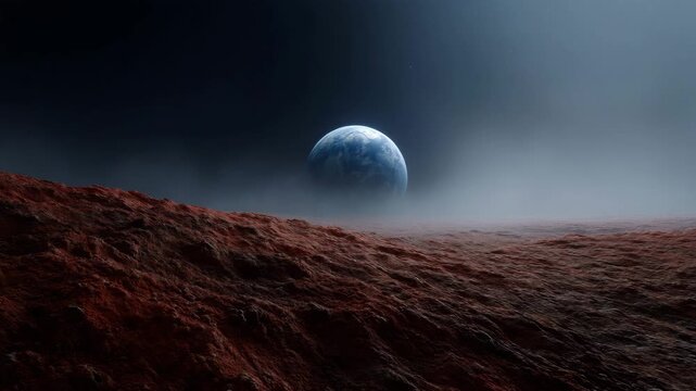 exact reference recreation, red rocky planet surface filling the entire bottom half of the frame with visible craters and rough terrain texture, curved planetary horizon centered