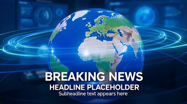 Blue globe with continents and swirling light effect for breaking news coverage