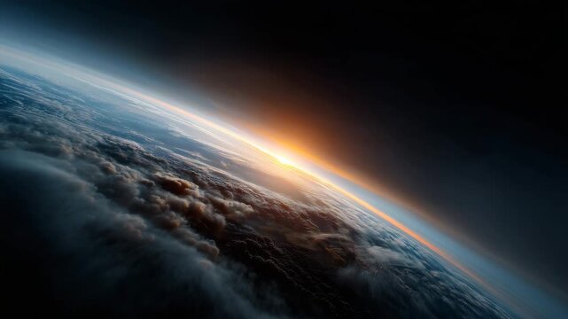 Minimalist orbital view of Planet Earth emerging from darkness with a soft blue atmospheric glow outlining the curved horizon, faint city lights visible across the night side