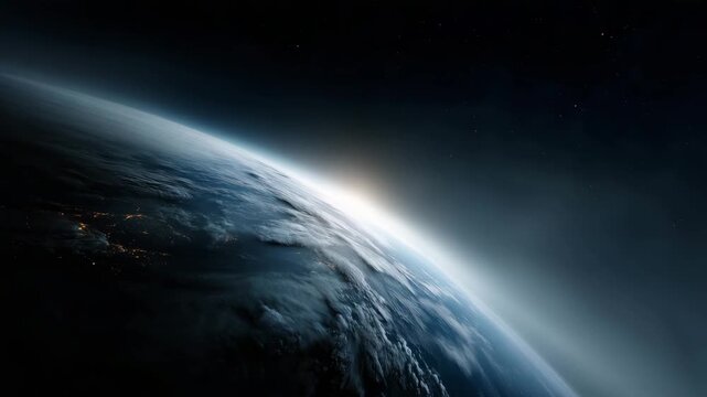 Minimalist orbital view of Planet Earth emerging from darkness with a soft blue atmospheric glow outlining the curved horizon, faint city lights visible across the night side,  exploration, astronomy