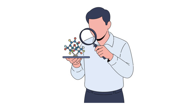 Scientist's Scrutiny: A dedicated scientist meticulously examines a molecular structure, his gaze intensified through a magnifying glass, revealing the intricate details of scientific discovery.