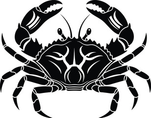 Black and white crab silhouette with tribal details isolated on white background for seafood restaurant logo or cancer zodiac design
