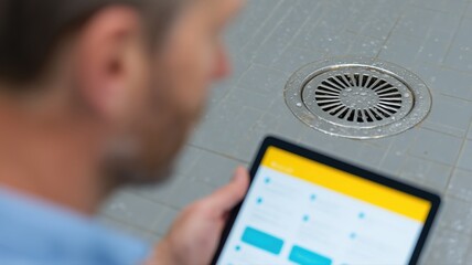Techniker behebt verstopften Duschabfluss in deutscher Wohnung mit Checkliste auf einem Tablet zur Reparaturüberprüfung