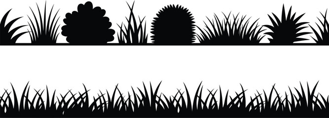 Naklejka premium Silhouette grass collection border set ground element decoration black meadow plant isolated on white background. 