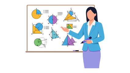 Teacher's lecture: An educator, standing before a whiteboard filled with geometrical shapes, explains concepts with a focused demeanor and holding a pen. 
