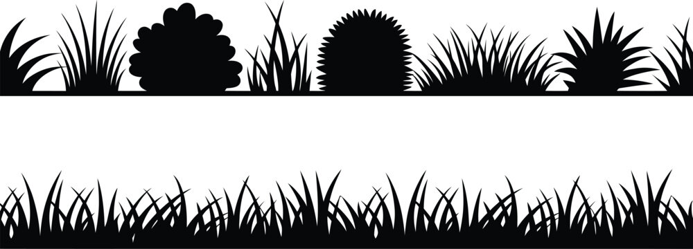 Silhouette grass collection border set ground element decoration black meadow plant isolated on white background.
