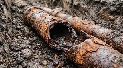Fototapeta premium Corroded pipe closeup in soil urban decay with infrastructure damage.
