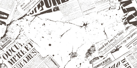 Plakat Overlapping distressed vintage newspaper pages with bold headlines and scattered ink splatters textured