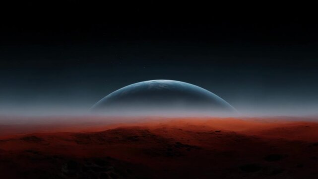 alien planet horizon, distant world landscape, exoplanet sunrise, rising celestial body, red atmospheric glow, sci fi planet surface, extraterrestrial desert, cosmic horizon scene