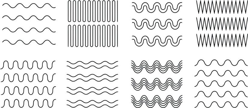 Wave line icon set with zigzag curve and squiggly borders for decorative graphic design vector.
