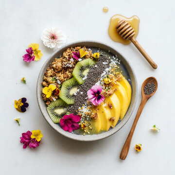 Vibrant acai bowl with fresh fruit, granola and edible flowers, overhead view, healthy lifestyle food photography