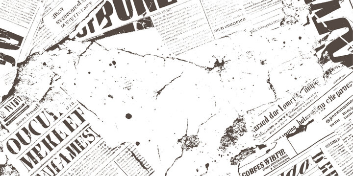 Overlapping distressed vintage newspaper pages with bold headlines and scattered ink splatters textured