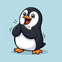 Fototapeta premium Cartoon penguin with joyful expression on light blue background