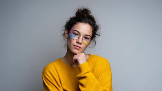 studio portrait of a young woman with light skin, wearing a mustard yellow sweater, round eyeglasses, and a messy high bun hairstyle, calm thoughtful expression, one hand touching
