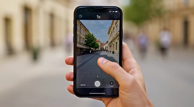 Taking a picture of a European street scene with an iPhone smartphone
