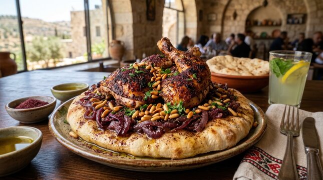 Traditional Middle Eastern grilled lamb mansaf dish served on large flatbread with pine nuts almonds yogurt sauce and fresh herbs in rustic stone restaurant with ancient city view