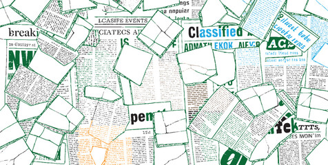 Obraz premium Scattered newspaper clippings and classified ads with green and orange outlines breaking