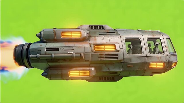 Industrial Alien Spaceship Fly By on Green Screen