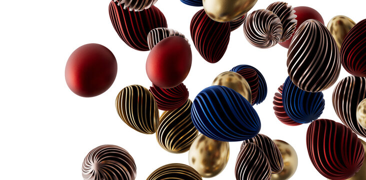Artistic abstract illustration featuring colorful, patterned, and floating easter eggs on a white background. This imag