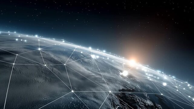 view of Planet Earth from orbit with a glowing digital network overlay connecting continents, luminous lines and nodes forming a global communication grid across arth observation