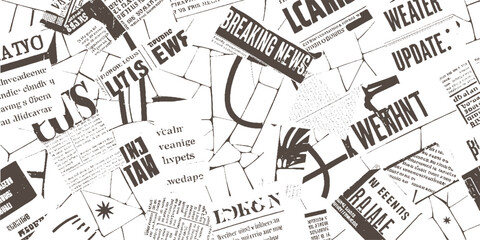 Chaotic collage of fragmented newspaper clippings with bold headlines and text
