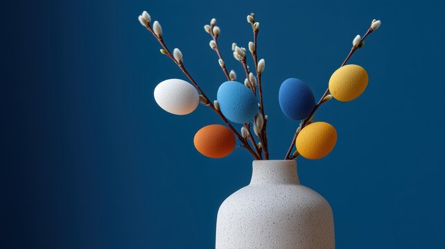 Lebhaftes deutsches Osterstrauch-Arrangement mit h&auml;ngenden Eiern in minimalistischer Inneneinrichtung