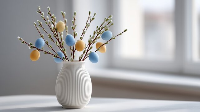 Lebhafter deutscher Osterstrauch in Vase mit h&auml;ngenden Eiern in minimalistischem Interieur