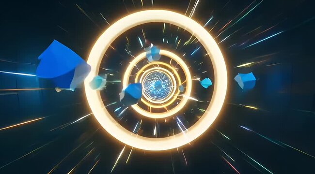 Abstract digital rendering of a high tech portal with glowing rings and objects