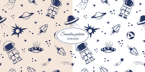 Fashionable background, seamless pattern with astronauts and space elements, hand-drawn in blue ink in a scribble style. Vector design for fabric, wallpaper, wrapping paper, and more. © Alyona 